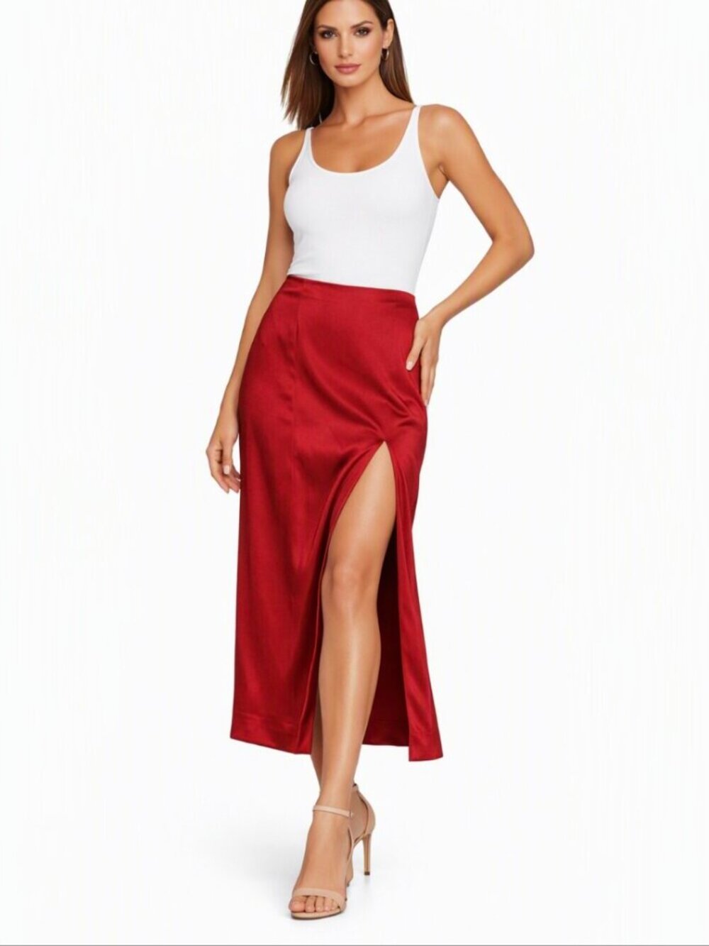 Zara Deep Red Satiny Texture Midi Skirt High Side Slit Party Size XS NWT